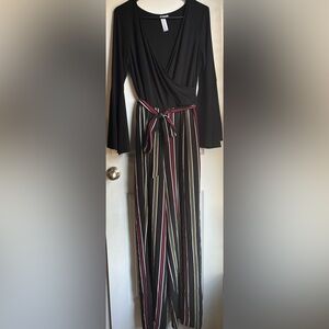 Emma & Michele Black Wrap Striped Pantsuit Split Bell Sleeves M Wide Leg Stretch